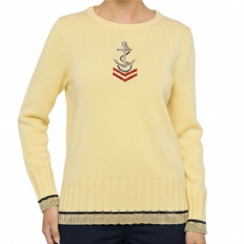 Linea by Louis Dell'Olio Sweater Women Medium Yellow Nautical Anchor Embroidered